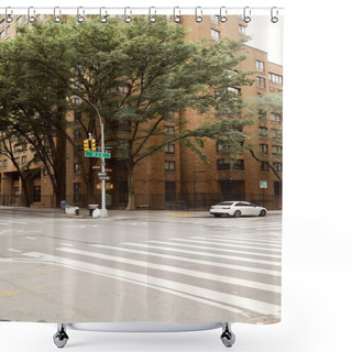 Personality  Autumn Trees And Brick Building Near Traffic Intersection With Pedestrian Crossing In New York City Shower Curtains