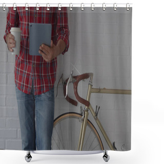 Personality  Hipster Man With Digital Tablet And Coffee Next To Bike Shower Curtains