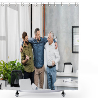 Personality  Three Smiling Handsome Businessmen Hugging And Standing In Office Shower Curtains