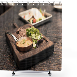 Personality  Gourmet Restaurant Food On Wooden Rustic Table Shower Curtains