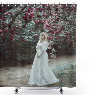 Personality  Beautiful Blonde Woman In Blooming Lilac Garden. Vintage Bride Concept Shower Curtains
