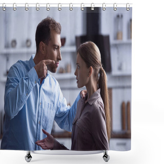 Personality  Angry Man Pointing With Finger At Wife During Quarrel Shower Curtains