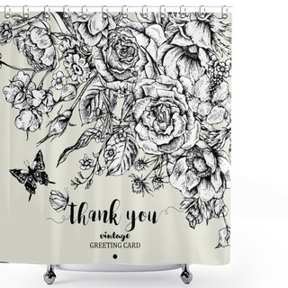 Personality  Vintage Floral Vector Card With Roses, Anemones And Butterfly Shower Curtains