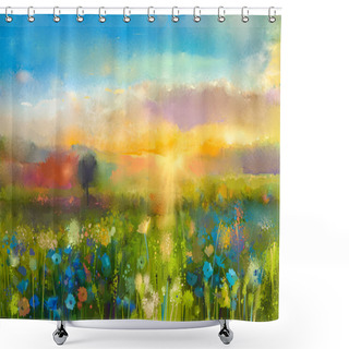 Personality  Oil Painting  Flowers Dandelion, Cornflower, Daisy In Fields. Sunset  Meadow Landscape With Wildflower Shower Curtains