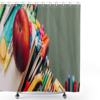 Personality  Selective Focus Of Delicious Apple On Book And School Stationery On Green Chalkboard, Panoramic Concept Shower Curtains