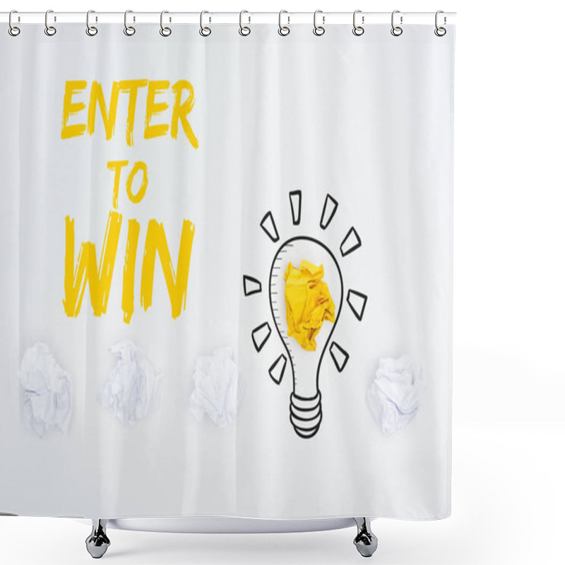 Personality  top view of crumpled paper balls near enter to win and light bulb illustration on white background, business concept shower curtains