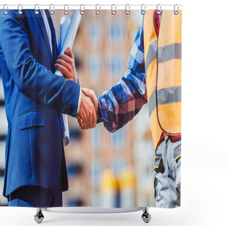 Personality  Builder And Businessman Shaking Hands Shower Curtains