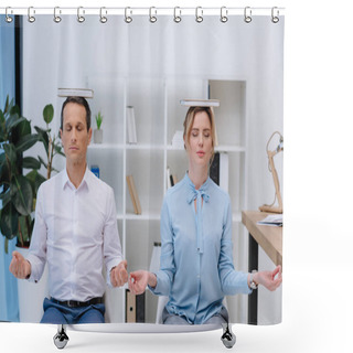 Personality  Businesspeople Meditating With Books On Head At Modern Office Shower Curtains