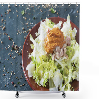 Personality  Escarola Amb Romesco, Escarole Endive With Romesco Sauce, A Typical Salad From Catalonia, Spain, On A Brown Earthenware Plate, Placed On A Rustic Dark Wooden Table Shower Curtains