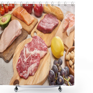 Personality  Fresh Raw Meat, Poultry, Fish On Wooden Cutting Boards Near Lemon, Grapes, Apples, Branch Of Cherry Tomatoes, Nuts And French Baguette On Marble Surface Shower Curtains