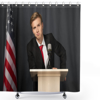 Personality  Displeased Emotional Man On Tribune With American Flag On Black Background Shower Curtains