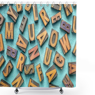 Personality  Random Letters Overhead Background - Vintage Letterpress Wood Type (inverted Image)  Against Tuquoise Bark Paper Shower Curtains