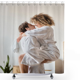 Personality  Happy Couple In Bathrobes Having Fun Cuddling In The Bathroom, Man Holding Woman In Arms Shower Curtains