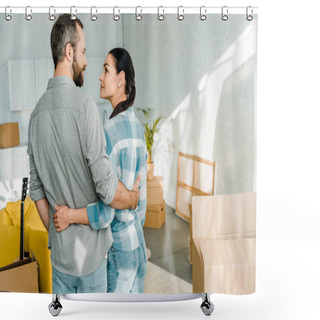 Personality  Happy Couple Embracing While Packing For New House, Moving Concept Shower Curtains