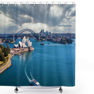 Personality  June 20, 2020. Sydney, Australia. Beautiful Aerial View Of The Sydney City From Above With Harbour Bridge, Opera House And The Harbour. Shower Curtains