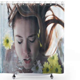 Personality  Close Up Of Beautiful Girl Posing Underwater With Flowers Shower Curtains