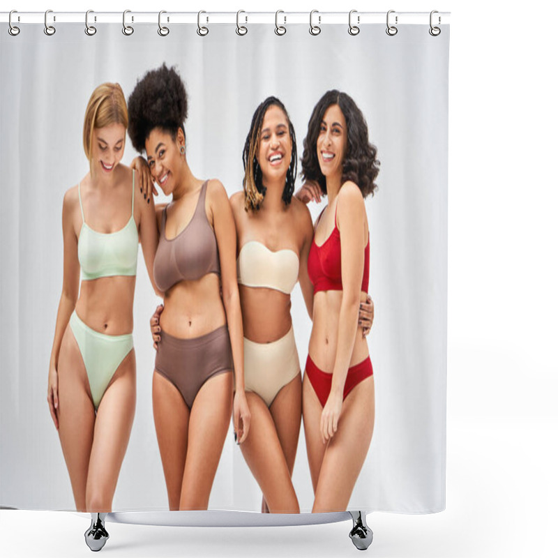 Personality  Multiethnic Women In Colorful Lingerie Hugging Each Other And Looking At Camera While Standing Isolated On Grey, Different Body Types And Self-acceptance Concept, Multicultural Models Shower Curtains