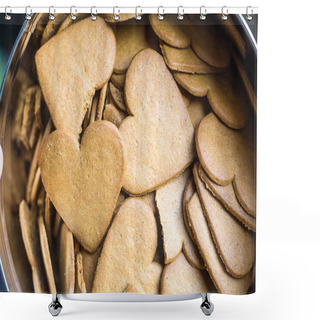 Personality  Top View To Heart Shaped Ginger Bread Biscuits. Background Or Wallpaper In Love Topic. Saint Valentines Sweet Hearts. Bakery For Tea. Many Shaped Gingerbreads. Close Up With Copy Space. Shower Curtains