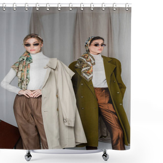 Personality  Women In Stylish Kerchiefs And Sunglasses Posing On Grey Background With Cloth Shower Curtains