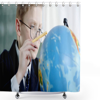 Personality  Schoolboy In Glasses Pointing With Pencil At Globe In Classroom  Shower Curtains