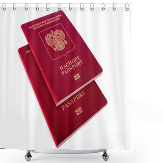 Personality  A Couple Of Red Russian Passports For Travel, Going Abroad, Isolated. Shower Curtains