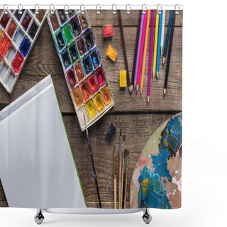 Personality  Top View Of Paint Palettes, Paintbrushes, Color Pencils And Blank Sketch Pad On Wooden Surface Shower Curtains