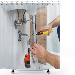 Personality  Male Plumber Fixing Sink In Bathroom Shower Curtains