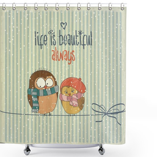 Personality  Retro Illustration With Happy Couple Birds In Winter And Phrase  Shower Curtains