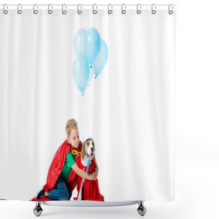 Personality  Preschooler Child  In Red Hero Cloak Embracing Beagle Dog Near Blue Party Balloons Isolated On White Shower Curtains