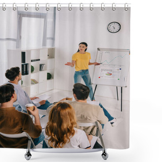 Personality  Business People In Casual Clothing Listening To Female Mentor At White Board On Business Training In Office Shower Curtains