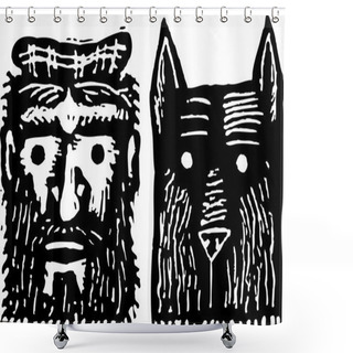 Personality  Woodcut Illustration Of Scottish Man With Scotty Dog Shower Curtains