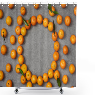 Personality  Top View Of Sweet Tangerines With Green Leaves On Grey Table Shower Curtains