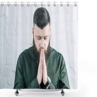 Personality  Portrait Of Stylish Bearded Man Praying Against White Brick Wall Shower Curtains