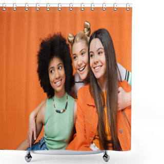 Personality  Cheerful Blonde Teenager With Bold Makeup Hugging Trendy Interracial Girlfriends And Looking Away Together Isolated On Orange, Cool And Confident Multicultural Teenage Girls Shower Curtains