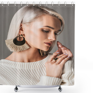 Personality  Elegant Blonde Model Posing In White Sweater And Big Round Earrings, Isolated On Grey Shower Curtains