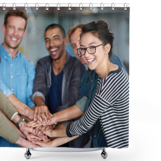 Personality  We Did It Together. Happy Staff Group Celebrating Unity With Their Hands All Together Shower Curtains