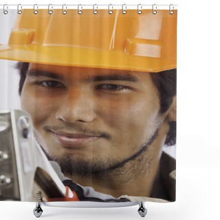 Personality  Hard Hat Worker With A Rivet Tool Shower Curtains