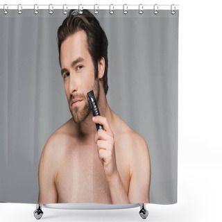 Personality  Shirtless Man Trimming Beard With Electric Trimmer Isolated On Grey Shower Curtains