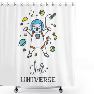 Personality  Hello Universe! Doodle Vector Illustration Of Funny Cat Astronaut In Space Shower Curtains