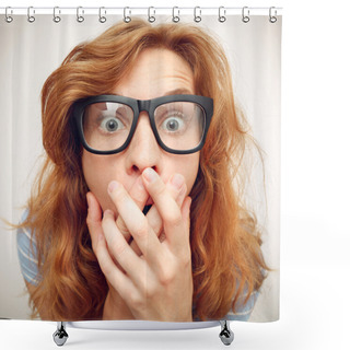 Personality  Beautiful Young Woman With Black Glasses Surprised. Shower Curtains