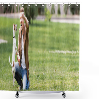 Personality  Horizontal Image Of Excited Man Playing With Jack Russell Terrier In Park  Shower Curtains
