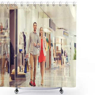 Personality  Happy Young Couple With Shopping Bags In Mall Shower Curtains