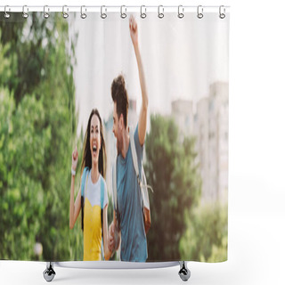 Personality  Panoramic Shot Of Handsome Man And Asian Woman Running And Showing Yes Gesture  Shower Curtains