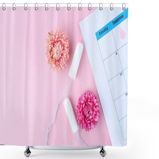 Personality  Regular Menstrual Cycle. Tampons, Women's Calendar, Flowers On A Pink Background. Hygiene Care During Critical Days. Women's And Gynecological Health Care. Hygiene Shower Curtains