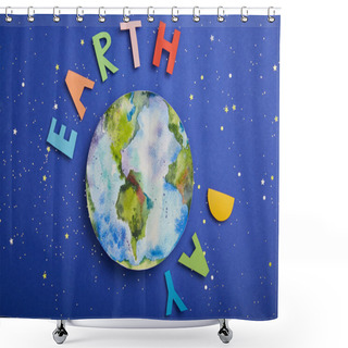 Personality  Top View Of Colorful Paper Letters And Planet Picture On Violet Background With Stars, Earth Day Concept Shower Curtains