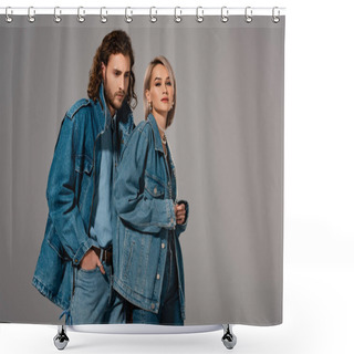 Personality  Stylish Man And Woman In Denim Jackets Looking At Camera Isolated On Grey Shower Curtains