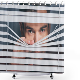 Personality  Suspicious Young Man Looking At Camera Through Blinds, Mistrust Concept Shower Curtains