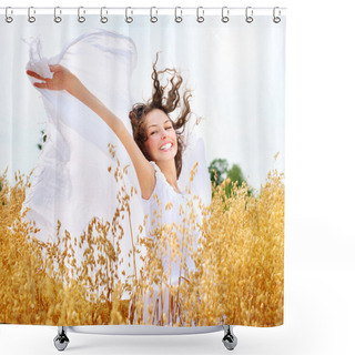 Personality  Beautiful Happy Girl On The Wheat Field Shower Curtains