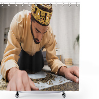 Personality  Young Muslim Man Doing Salah On Rug At Home  Shower Curtains
