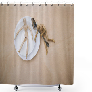 Personality  Wooden Mannequins Couple In White Plate With Spoon. Nutritional Concept Shower Curtains